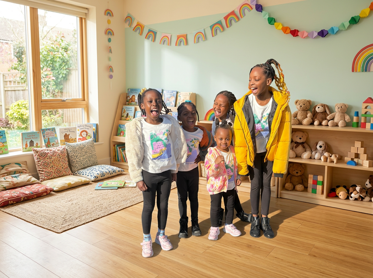 Children laughing together in the nursery playroom